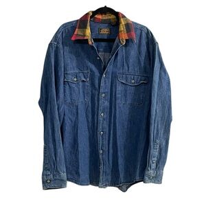 Eddie Bauer Vintage Men’s Blue Denim Button Front Shirt Plaid Collar